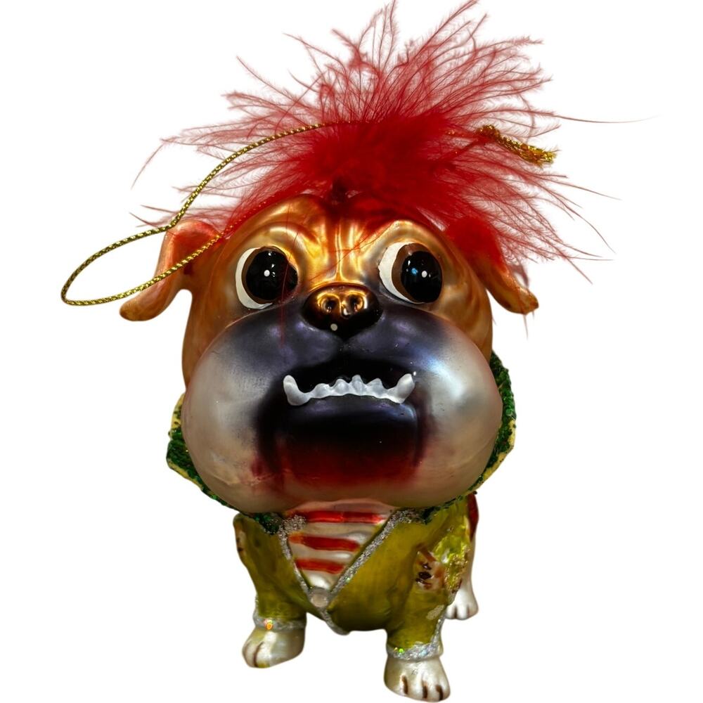 Vintage Glass Boxer Dog Christmas Ornament Red Feather Hair Funny Pug